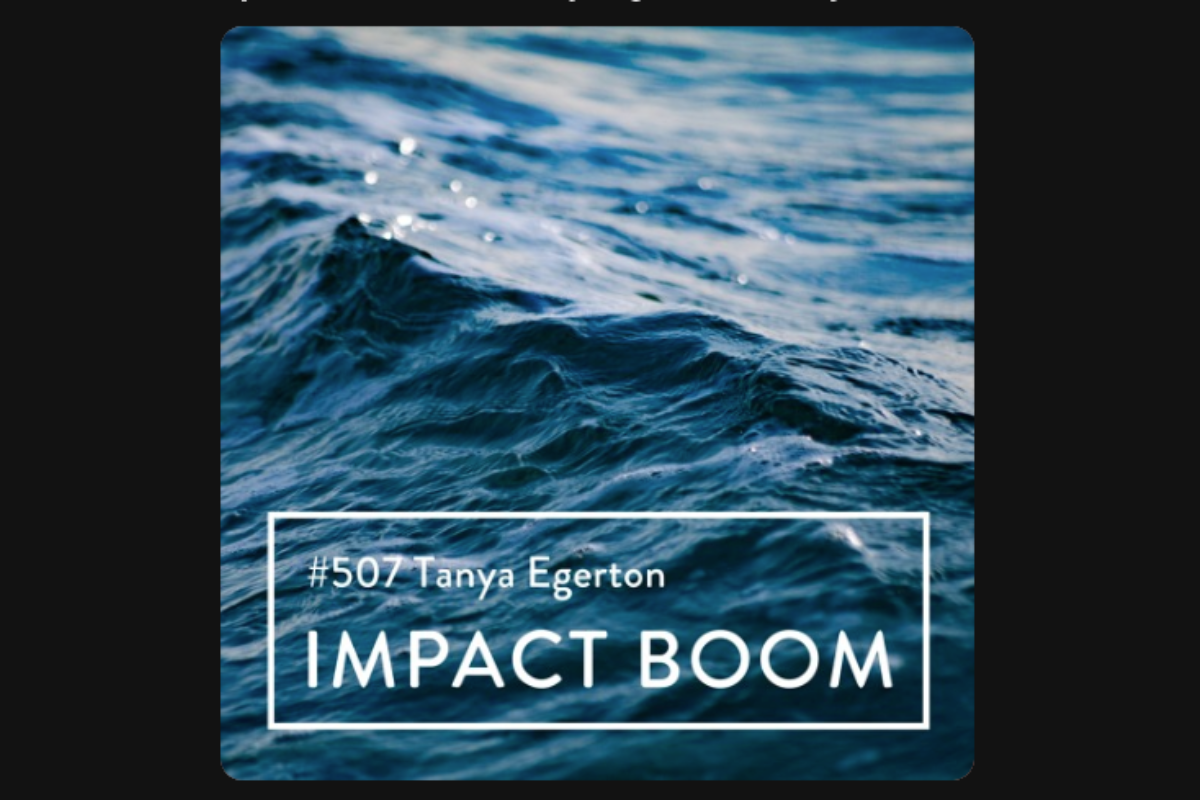 Dark blue ocean waves behind Impact Boom podcast branding.